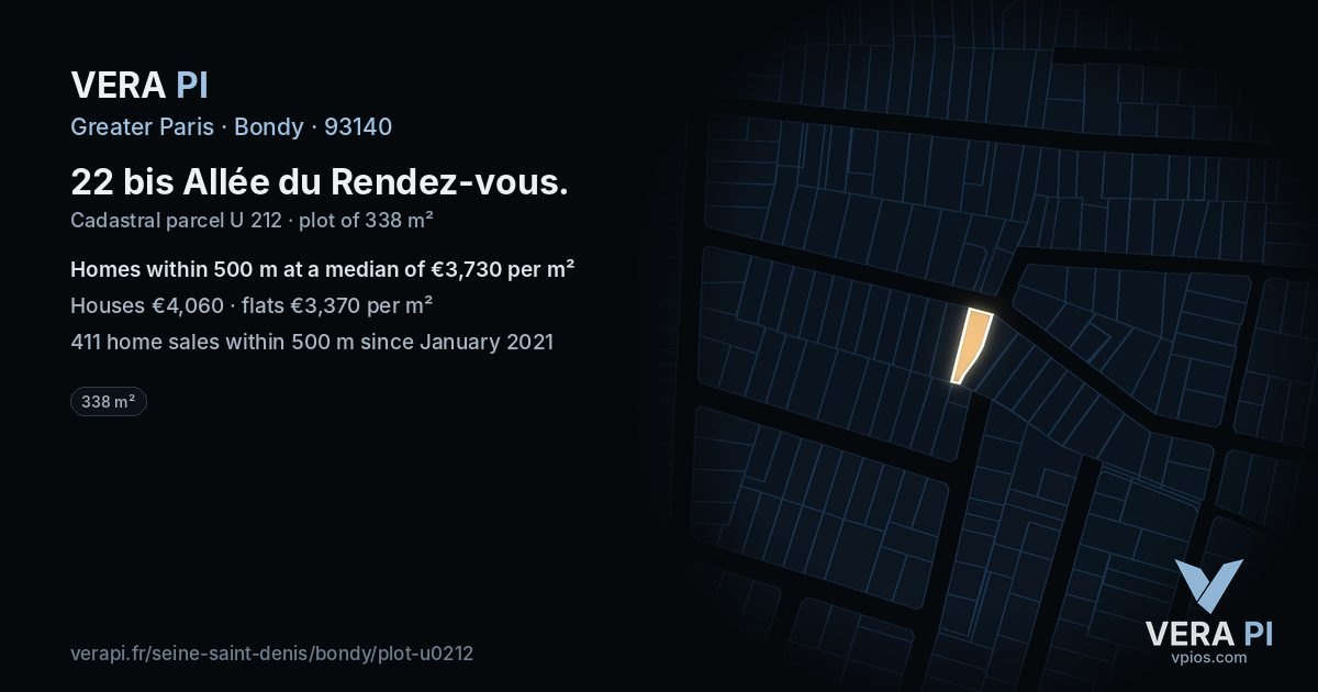 22 bis Allée du Rendez-vous, Bondy at night – the plot lit, the parcels around coloured by the prices near them