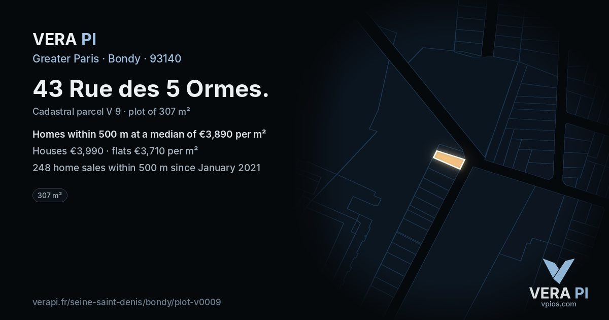 43 Rue des 5 Ormes, Bondy at night – the plot lit, the parcels around coloured by the prices near them