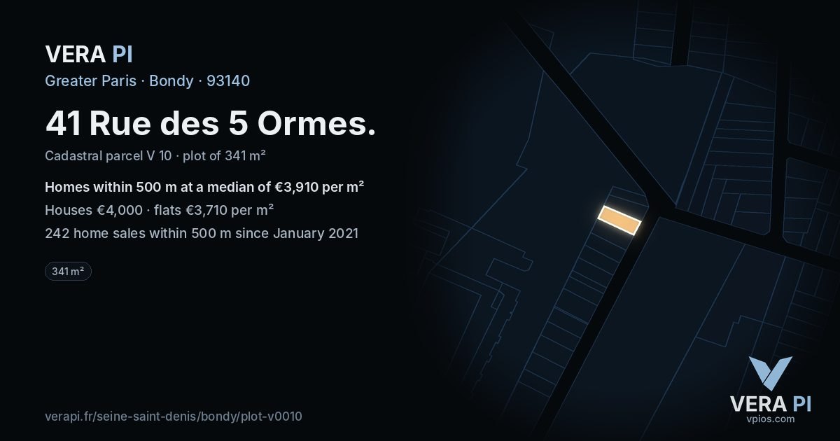 41 Rue des 5 Ormes, Bondy at night – the plot lit, the parcels around coloured by the prices near them