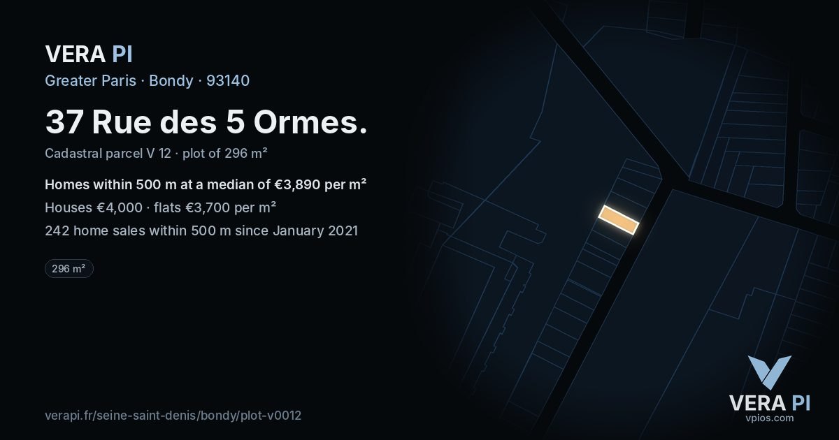 37 Rue des 5 Ormes, Bondy at night – the plot lit, the parcels around coloured by the prices near them