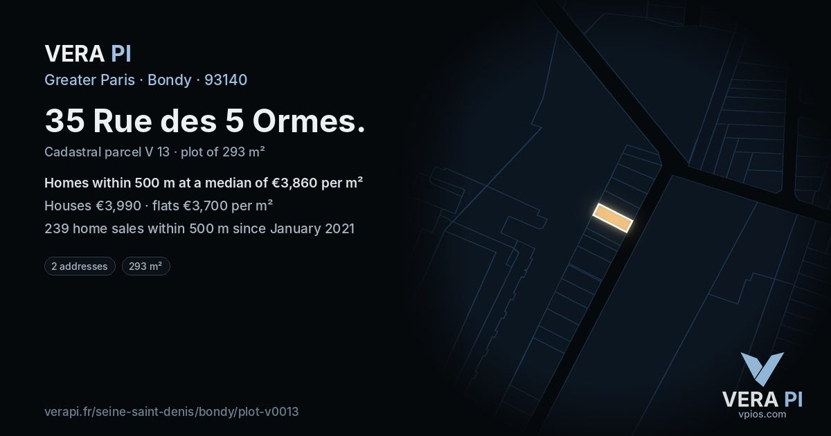 35 Rue des 5 Ormes, Bondy at night – the plot lit, the parcels around coloured by the prices near them