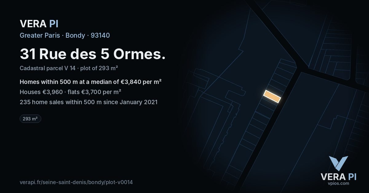 31 Rue des 5 Ormes, Bondy at night – the plot lit, the parcels around coloured by the prices near them