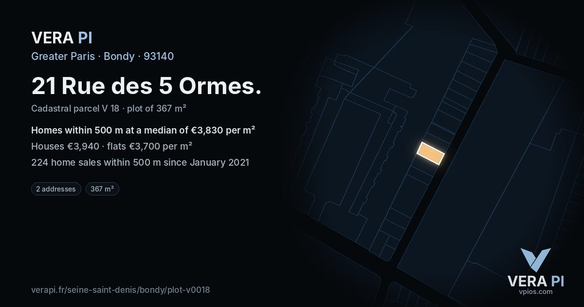 21 Rue des 5 Ormes, Bondy at night – the plot lit, the parcels around coloured by the prices near them