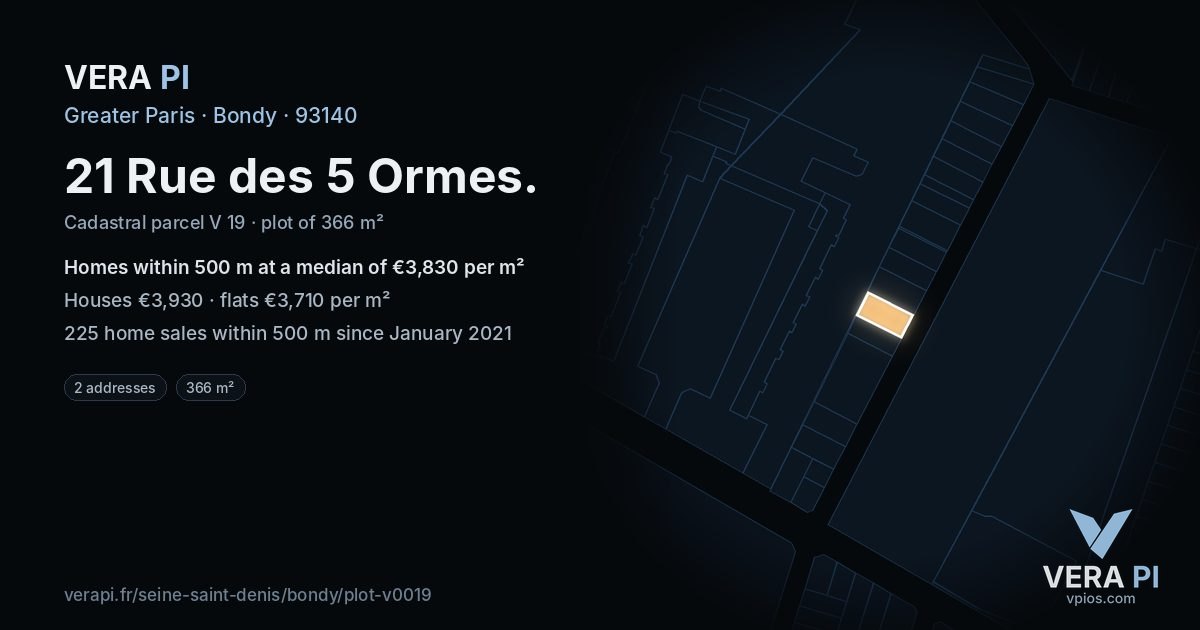 21 Rue des 5 Ormes, Bondy at night – the plot lit, the parcels around coloured by the prices near them