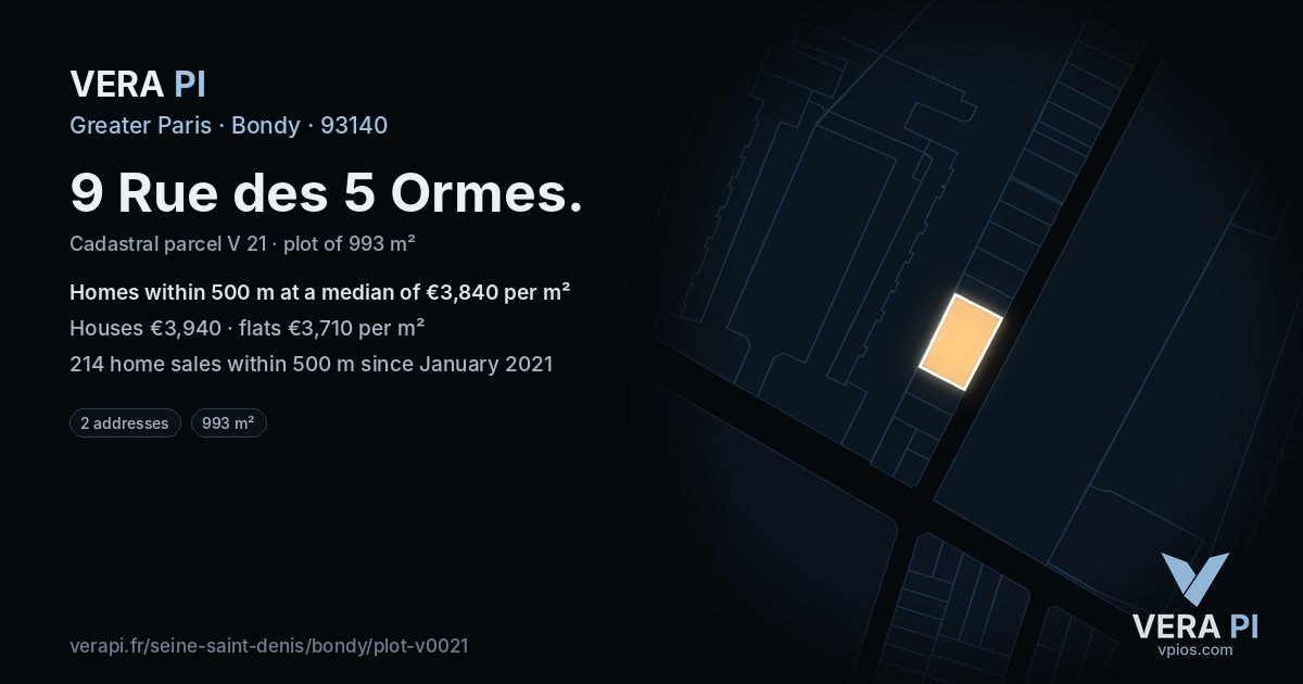 9 Rue des 5 Ormes, Bondy at night – the plot lit, the parcels around coloured by the prices near them