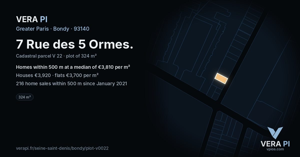 7 Rue des 5 Ormes, Bondy at night – the plot lit, the parcels around coloured by the prices near them