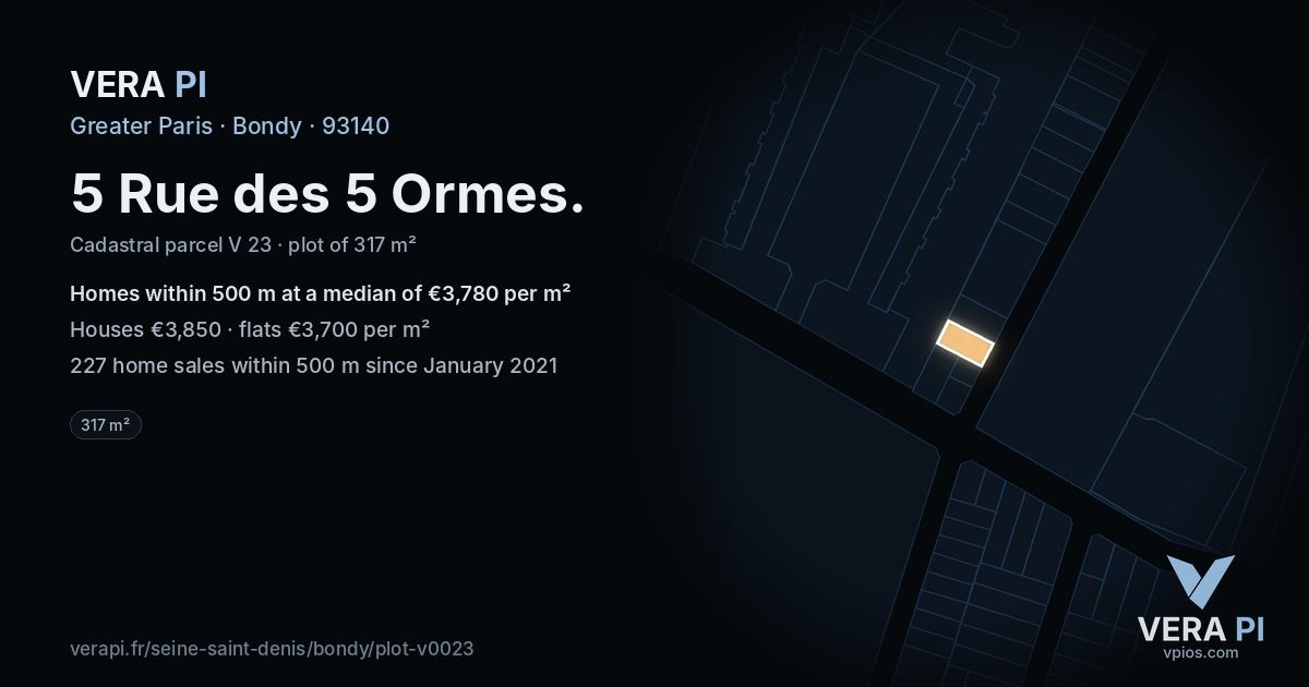 5 Rue des 5 Ormes, Bondy at night – the plot lit, the parcels around coloured by the prices near them