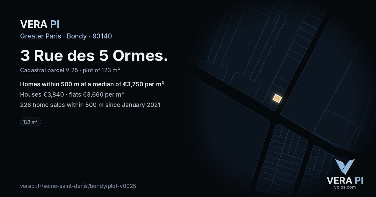 3 Rue des 5 Ormes, Bondy at night – the plot lit, the parcels around coloured by the prices near them