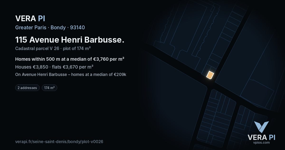 115 Avenue Henri Barbusse, Bondy at night – the plot lit, the parcels around coloured by the prices near them