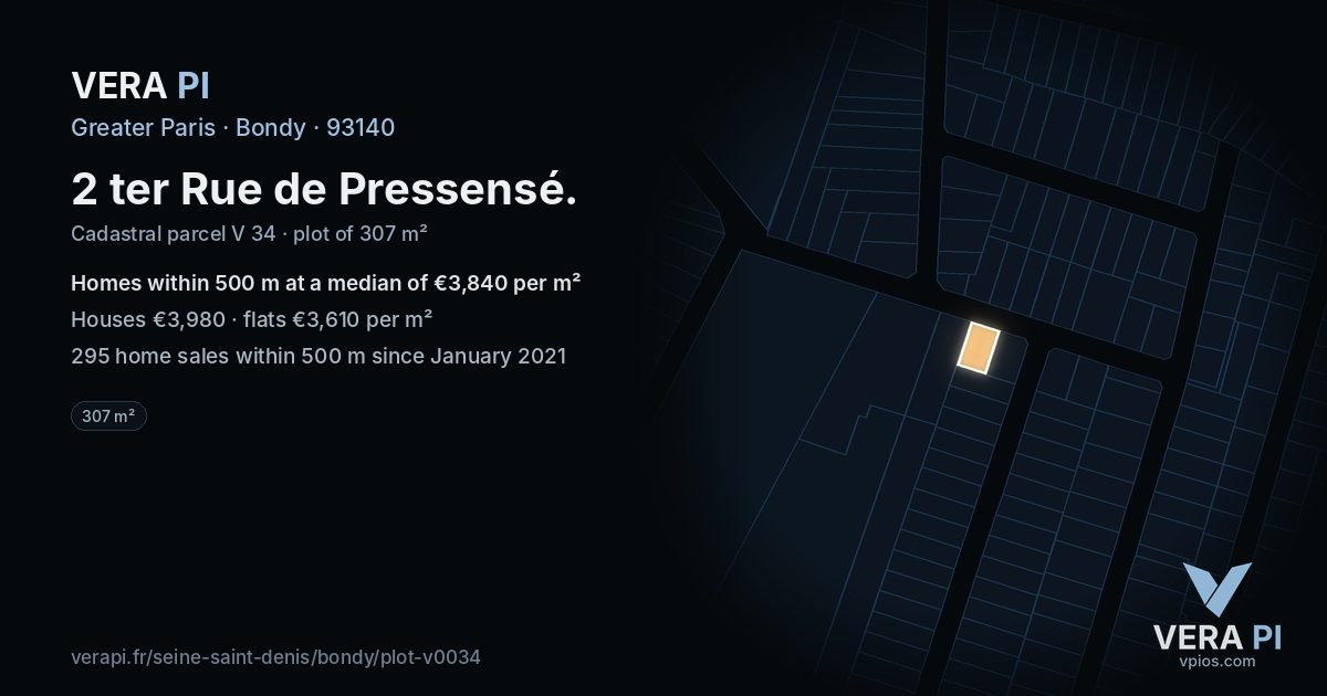 2 ter Rue de Pressensé, Bondy at night – the plot lit, the parcels around coloured by the prices near them