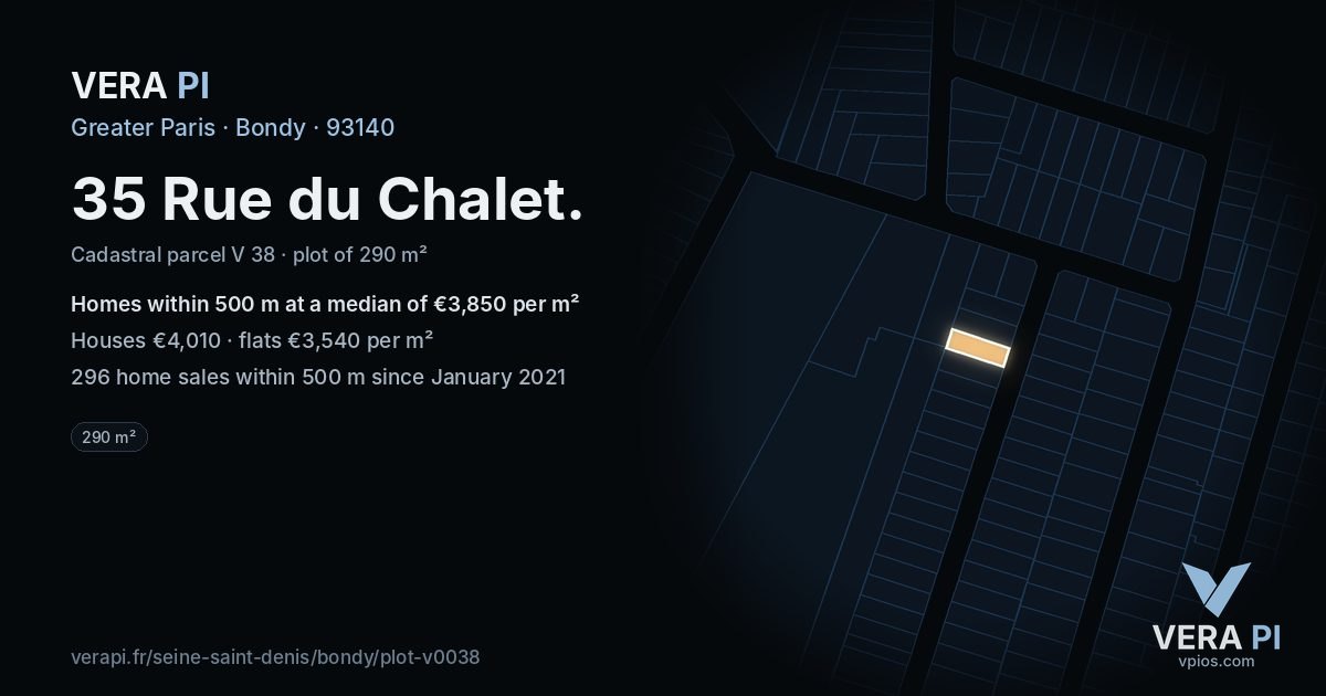 35 Rue du Chalet, Bondy at night – the plot lit, the parcels around coloured by the prices near them