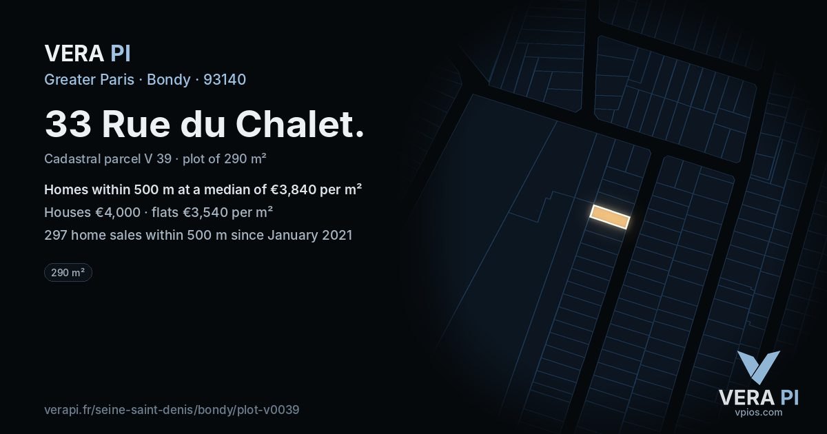 33 Rue du Chalet, Bondy at night – the plot lit, the parcels around coloured by the prices near them