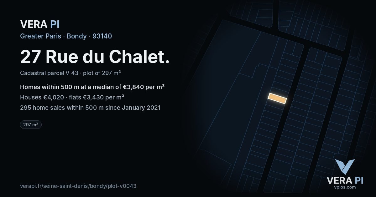 27 Rue du Chalet, Bondy at night – the plot lit, the parcels around coloured by the prices near them
