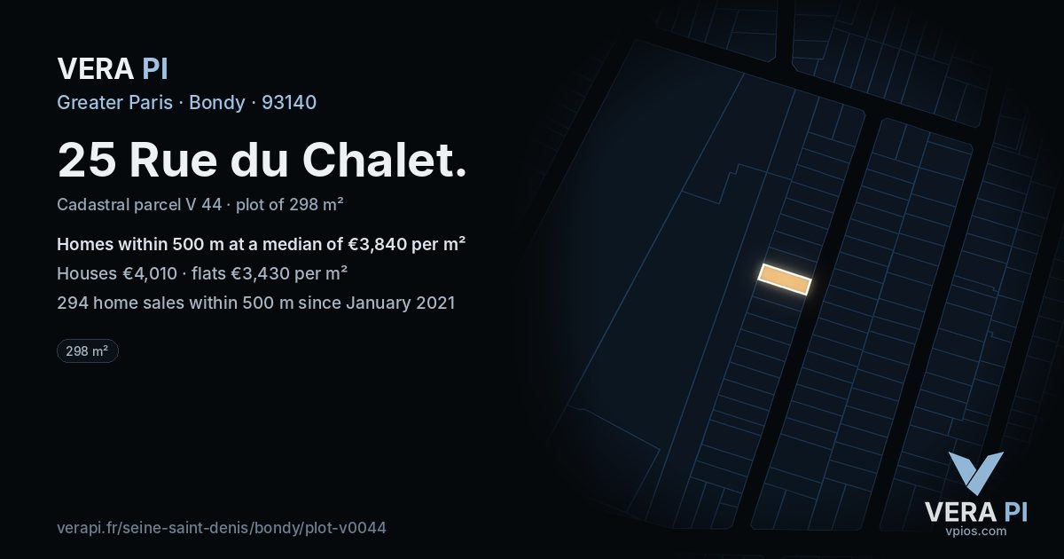 25 Rue du Chalet, Bondy at night – the plot lit, the parcels around coloured by the prices near them