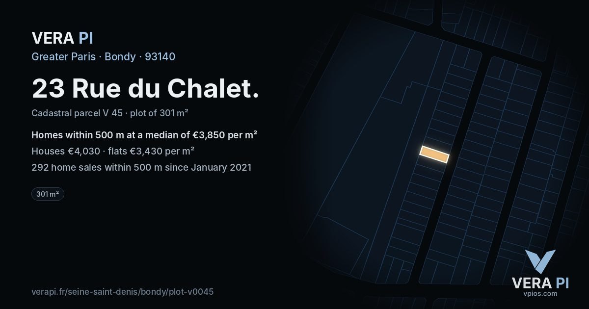 23 Rue du Chalet, Bondy at night – the plot lit, the parcels around coloured by the prices near them