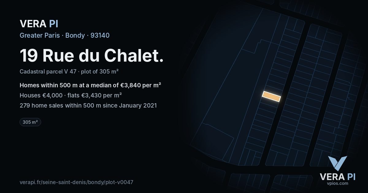 19 Rue du Chalet, Bondy at night – the plot lit, the parcels around coloured by the prices near them