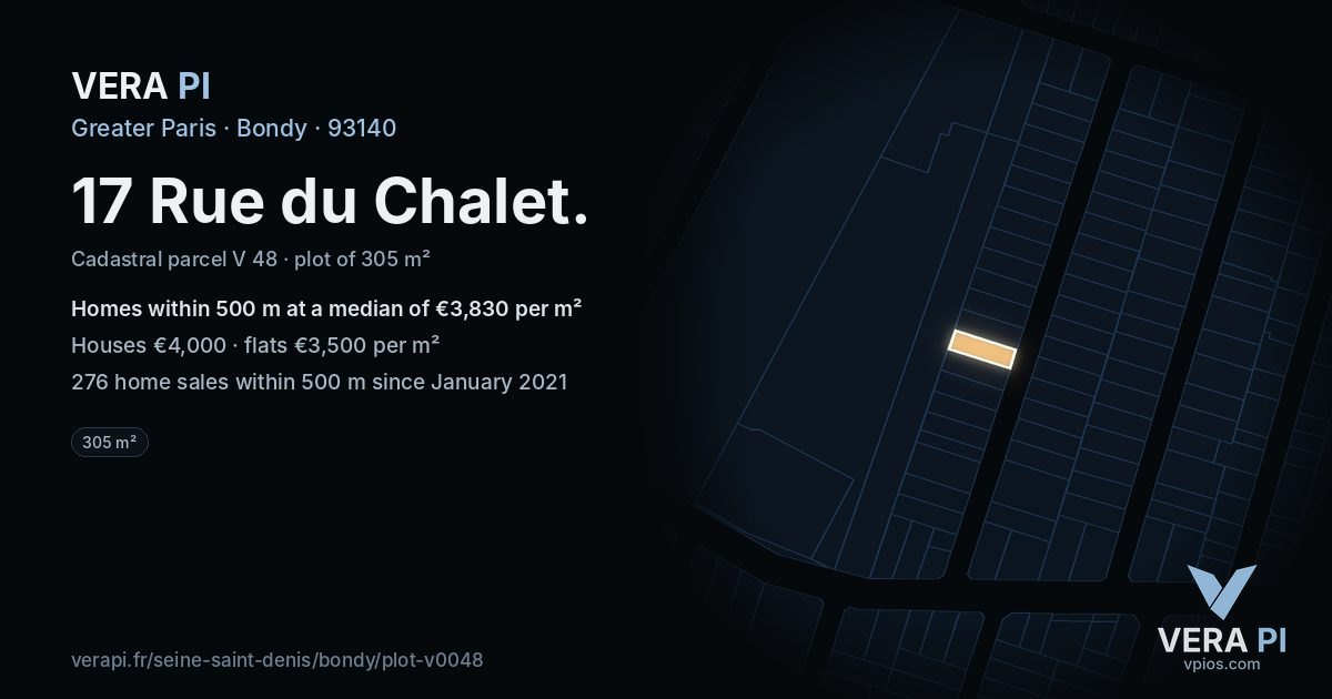 17 Rue du Chalet, Bondy at night – the plot lit, the parcels around coloured by the prices near them
