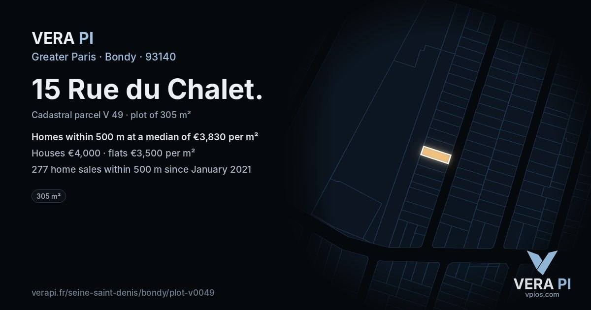 15 Rue du Chalet, Bondy at night – the plot lit, the parcels around coloured by the prices near them