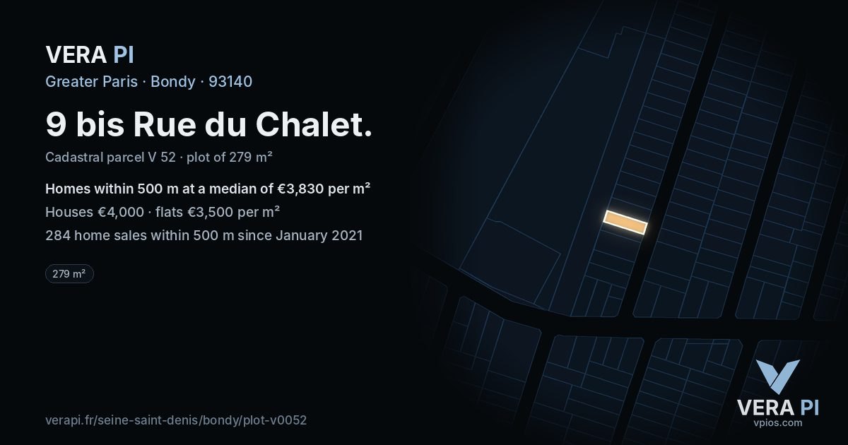 9 bis Rue du Chalet, Bondy at night – the plot lit, the parcels around coloured by the prices near them