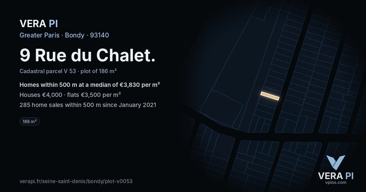 9 Rue du Chalet, Bondy at night – the plot lit, the parcels around coloured by the prices near them