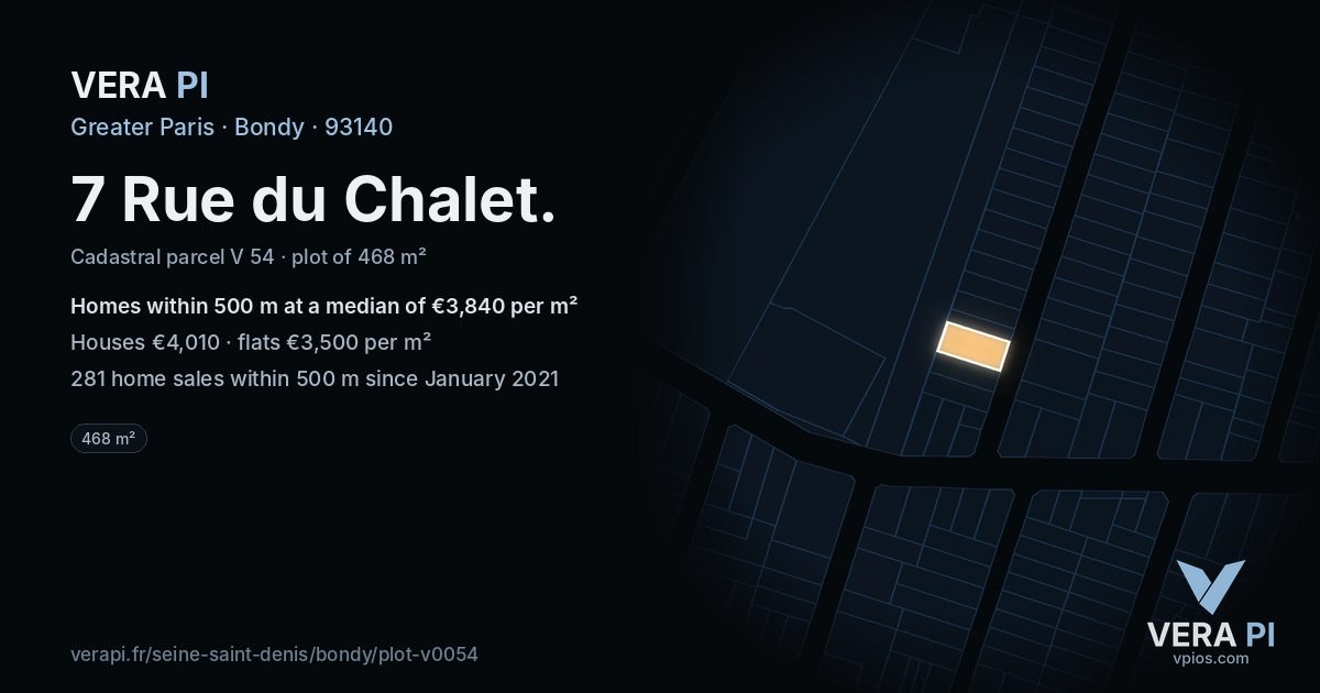 7 Rue du Chalet, Bondy at night – the plot lit, the parcels around coloured by the prices near them