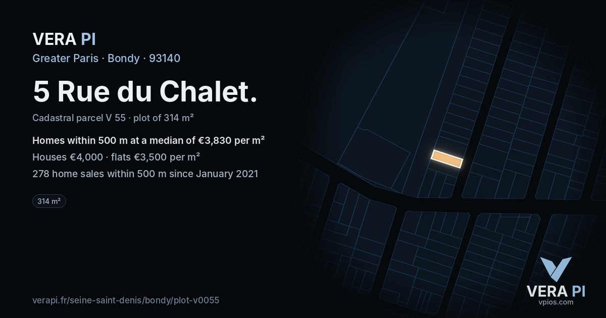 5 Rue du Chalet, Bondy at night – the plot lit, the parcels around coloured by the prices near them