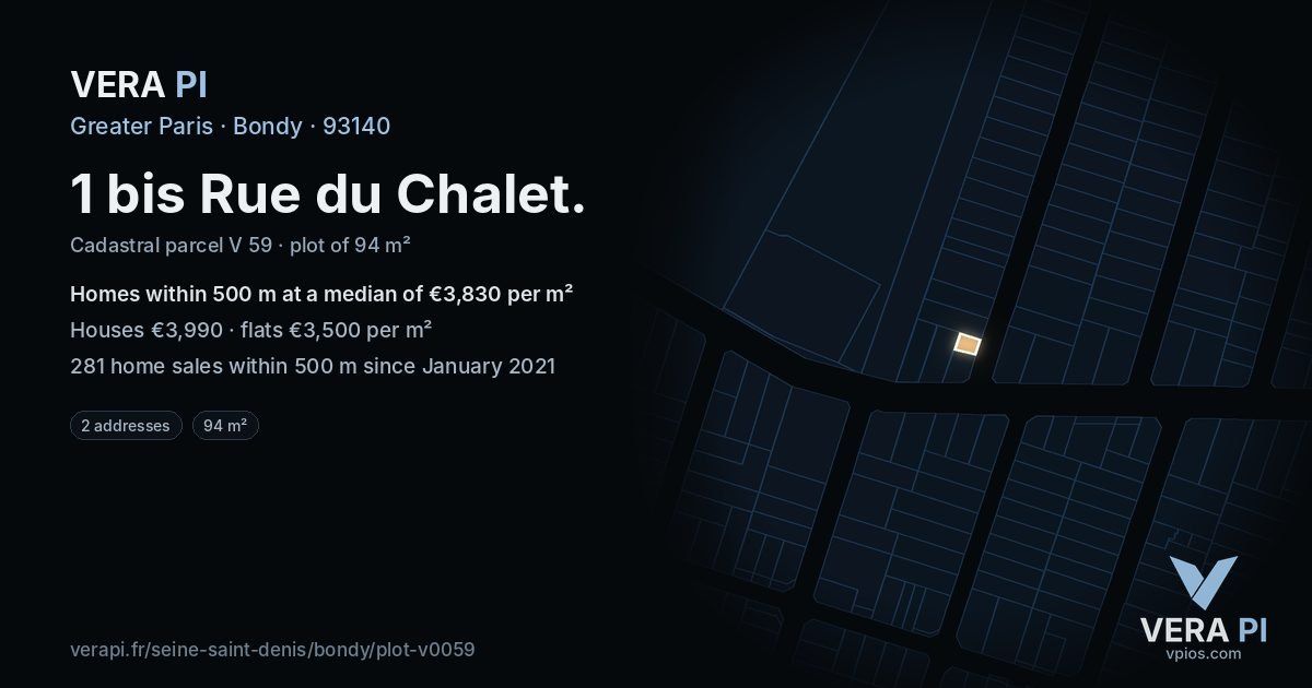 1 bis Rue du Chalet, Bondy at night – the plot lit, the parcels around coloured by the prices near them