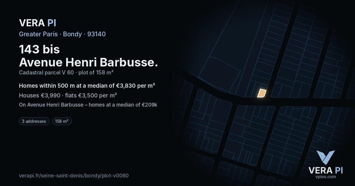 143 bis Avenue Henri Barbusse, Bondy at night – the plot lit, the parcels around coloured by the prices near them