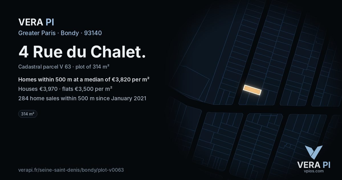 4 Rue du Chalet, Bondy at night – the plot lit, the parcels around coloured by the prices near them