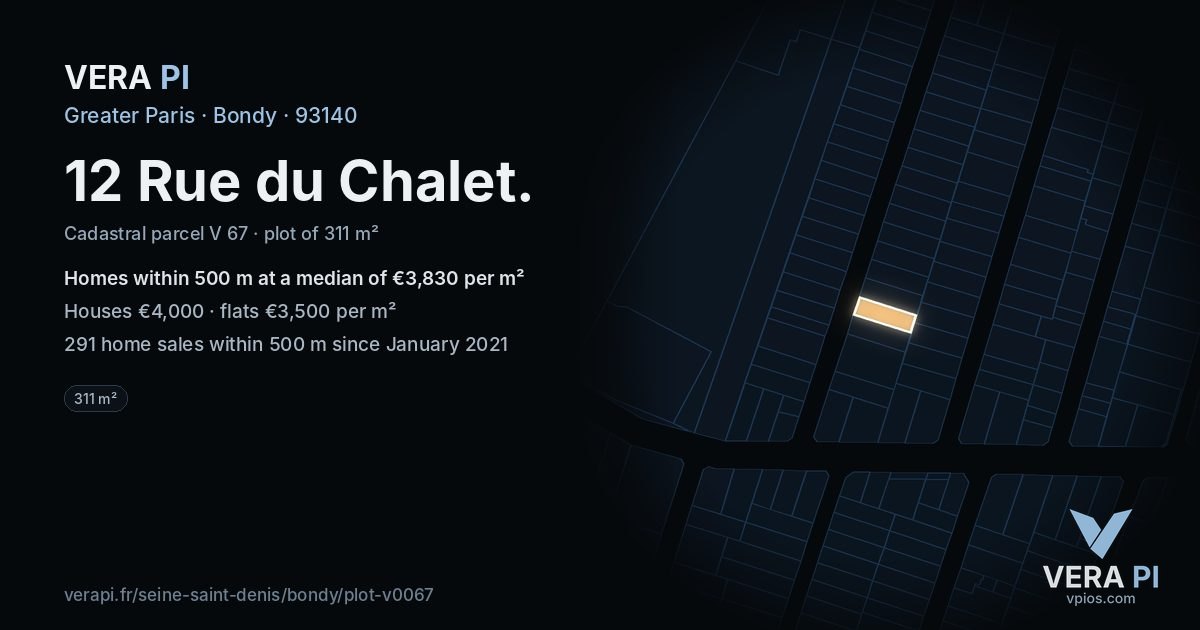 12 Rue du Chalet, Bondy at night – the plot lit, the parcels around coloured by the prices near them
