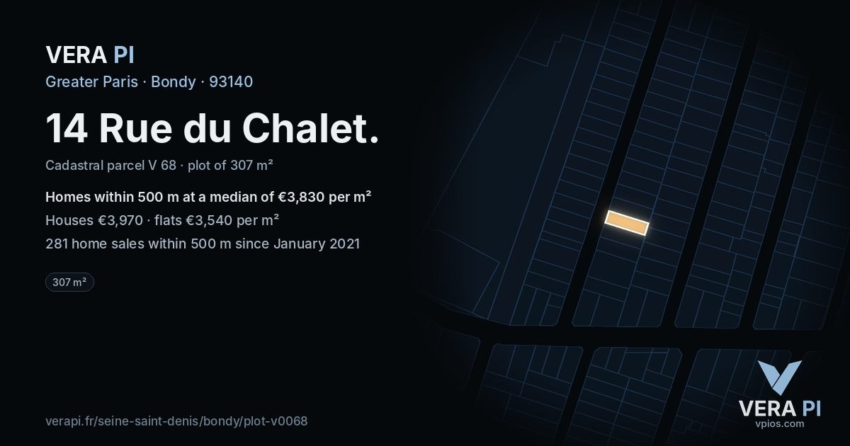 14 Rue du Chalet, Bondy at night – the plot lit, the parcels around coloured by the prices near them