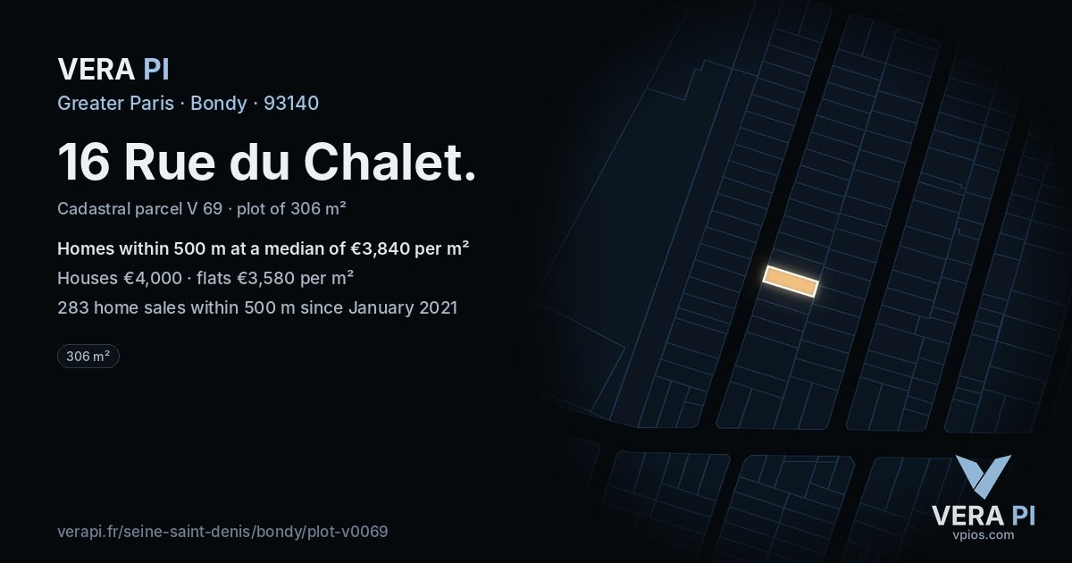 16 Rue du Chalet, Bondy at night – the plot lit, the parcels around coloured by the prices near them