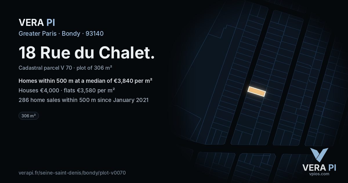 18 Rue du Chalet, Bondy at night – the plot lit, the parcels around coloured by the prices near them