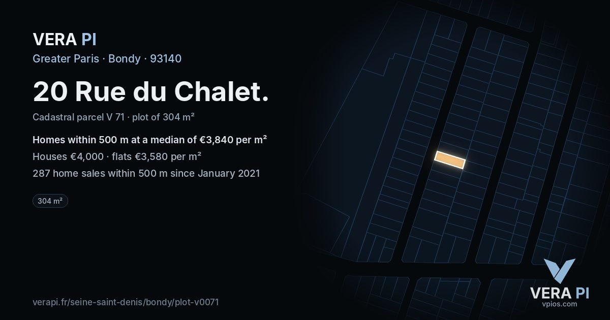 20 Rue du Chalet, Bondy at night – the plot lit, the parcels around coloured by the prices near them