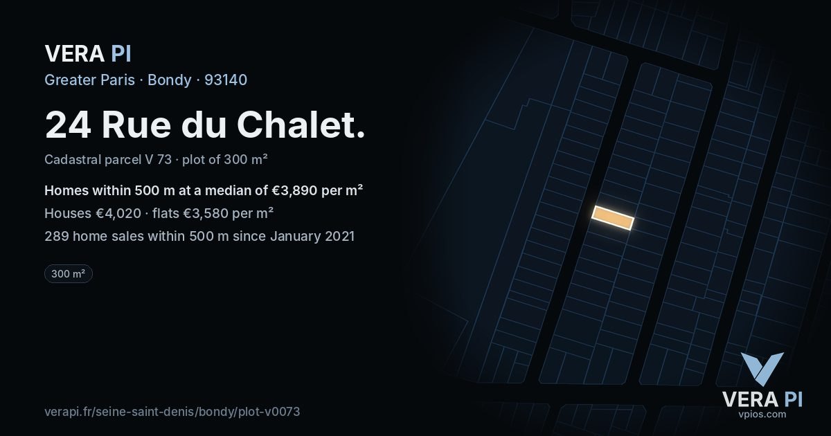 24 Rue du Chalet, Bondy at night – the plot lit, the parcels around coloured by the prices near them