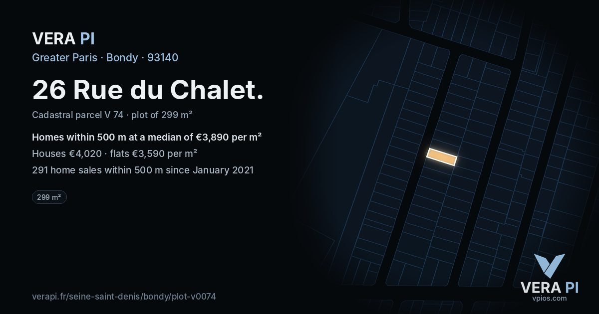 26 Rue du Chalet, Bondy at night – the plot lit, the parcels around coloured by the prices near them
