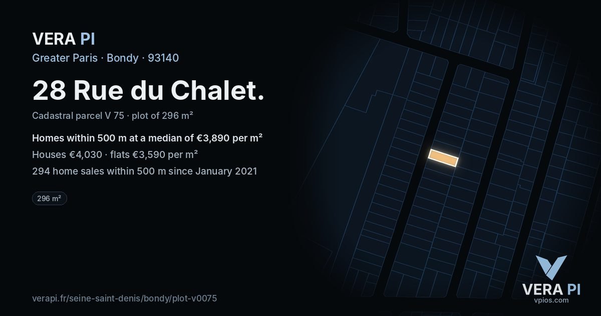 28 Rue du Chalet, Bondy at night – the plot lit, the parcels around coloured by the prices near them