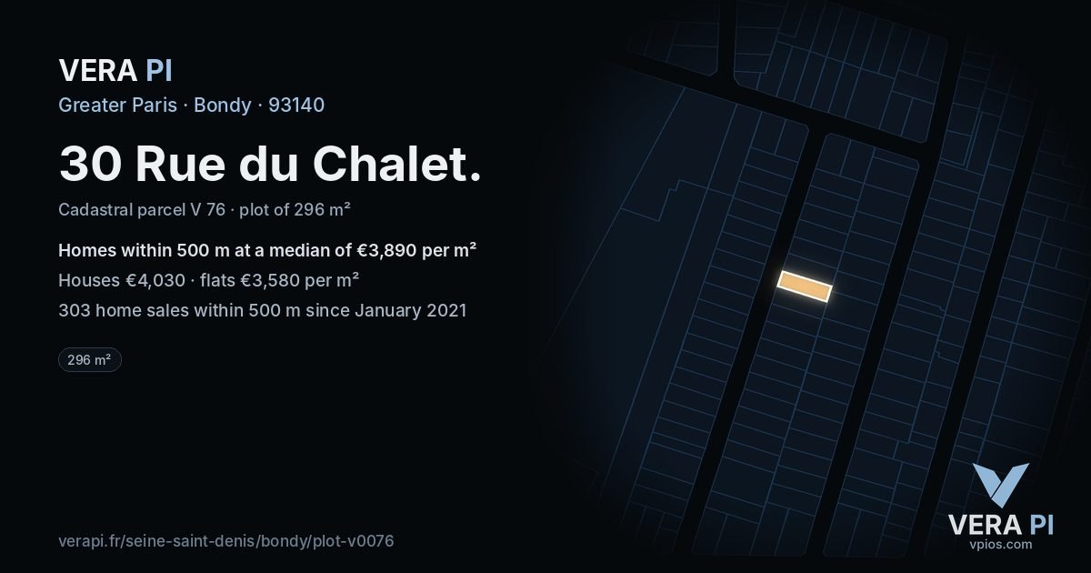 30 Rue du Chalet, Bondy at night – the plot lit, the parcels around coloured by the prices near them