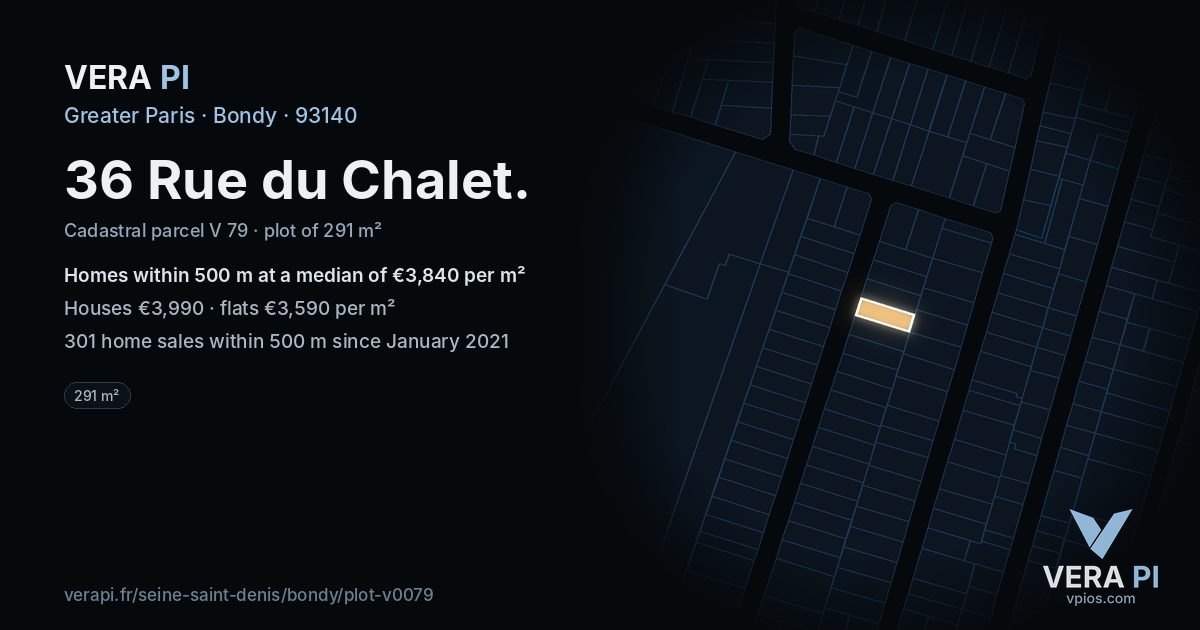 36 Rue du Chalet, Bondy at night – the plot lit, the parcels around coloured by the prices near them