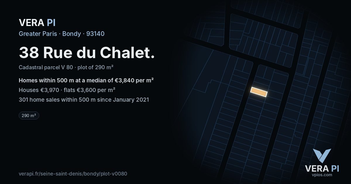 38 Rue du Chalet, Bondy at night – the plot lit, the parcels around coloured by the prices near them