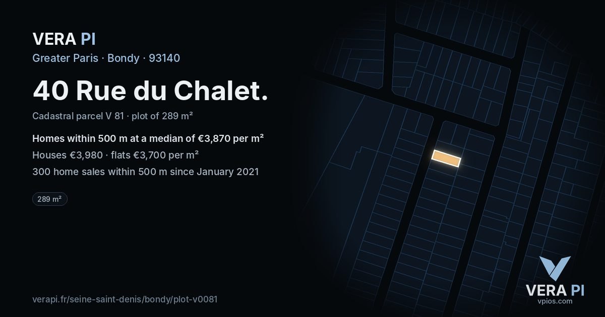 40 Rue du Chalet, Bondy at night – the plot lit, the parcels around coloured by the prices near them