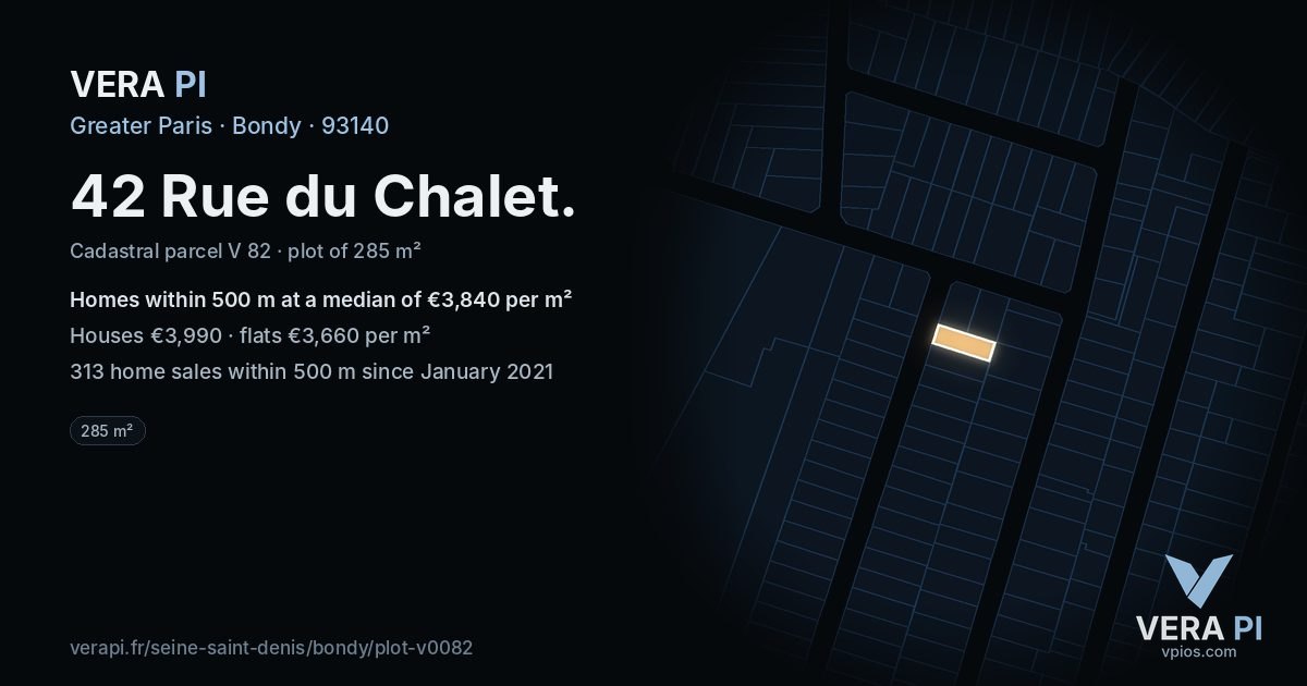 42 Rue du Chalet, Bondy at night – the plot lit, the parcels around coloured by the prices near them