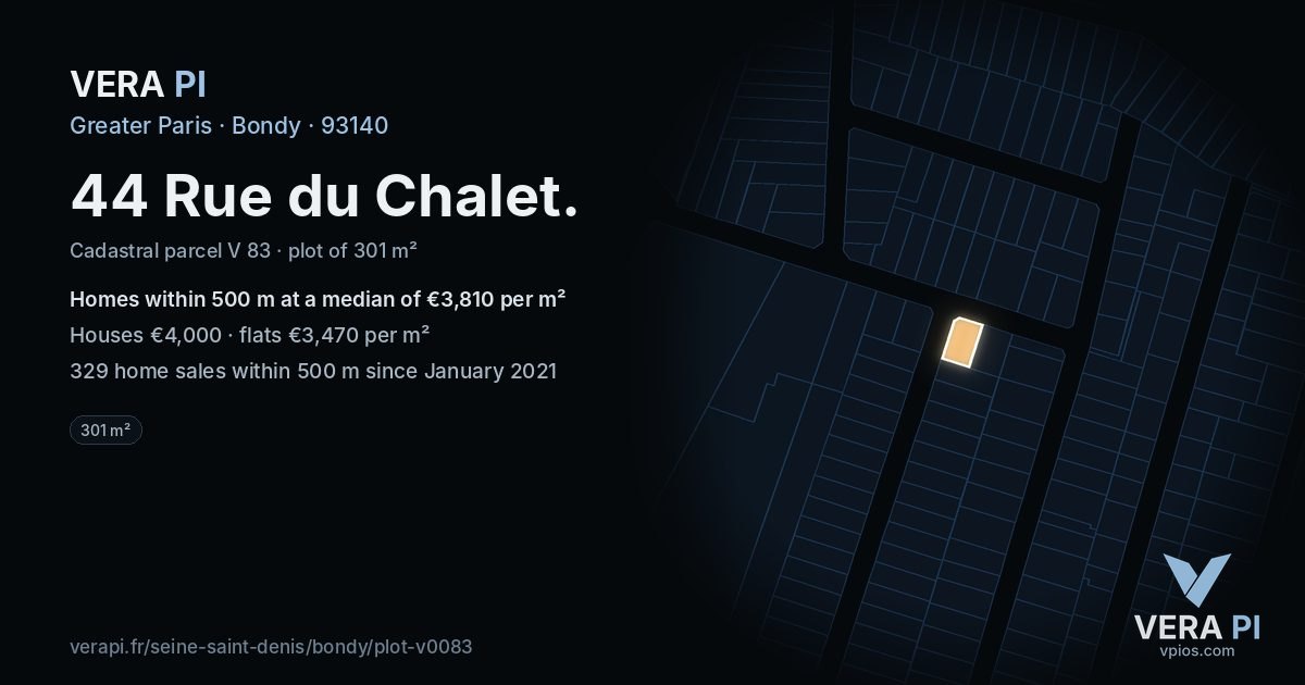 44 Rue du Chalet, Bondy at night – the plot lit, the parcels around coloured by the prices near them