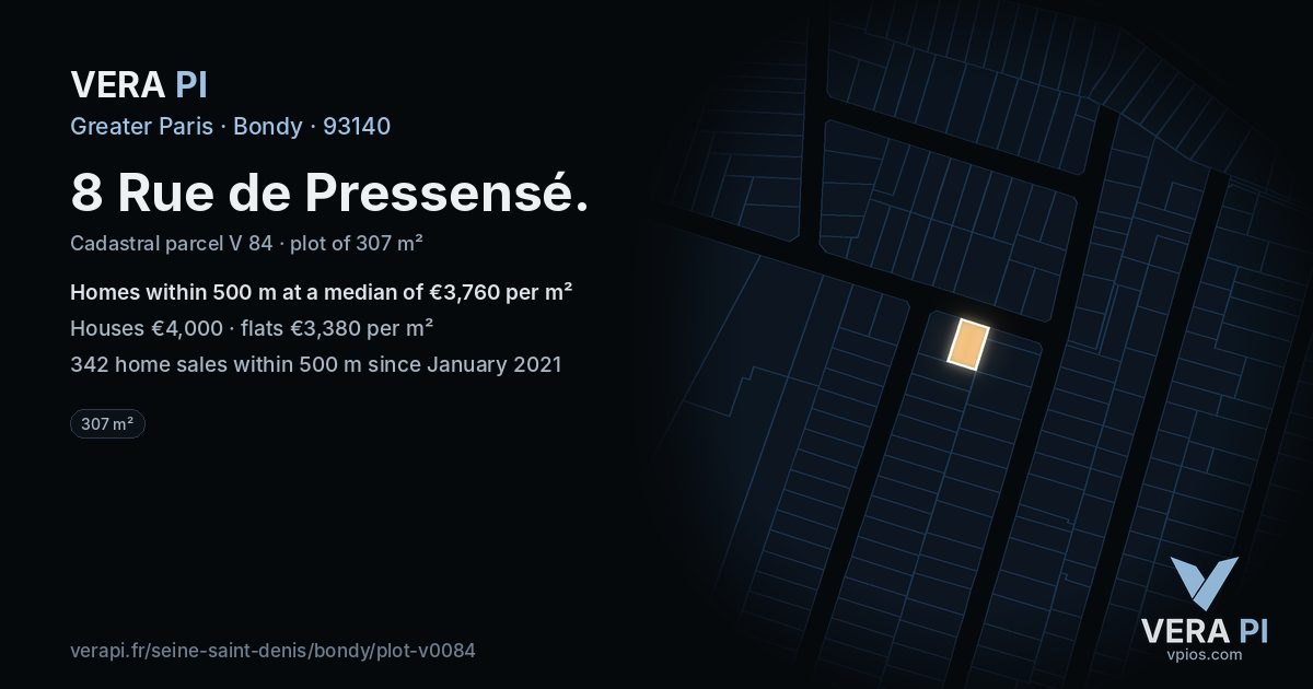 8 Rue de Pressensé, Bondy at night – the plot lit, the parcels around coloured by the prices near them