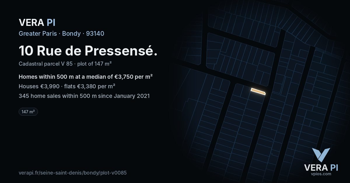 10 Rue de Pressensé, Bondy at night – the plot lit, the parcels around coloured by the prices near them