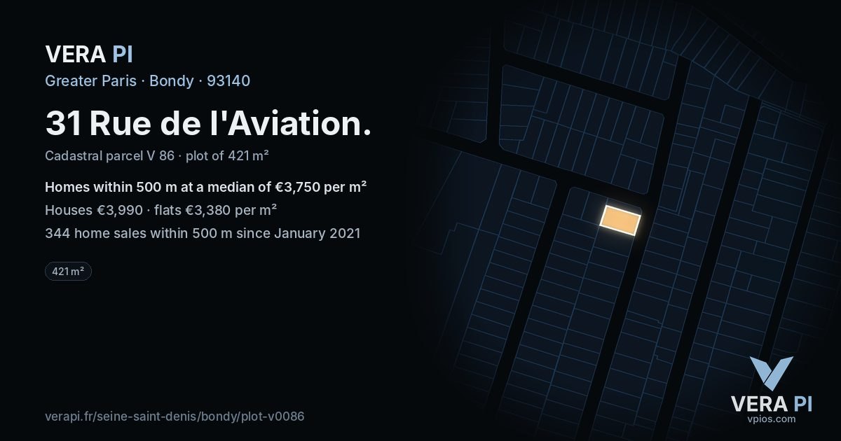 31 Rue de l'Aviation, Bondy at night – the plot lit, the parcels around coloured by the prices near them