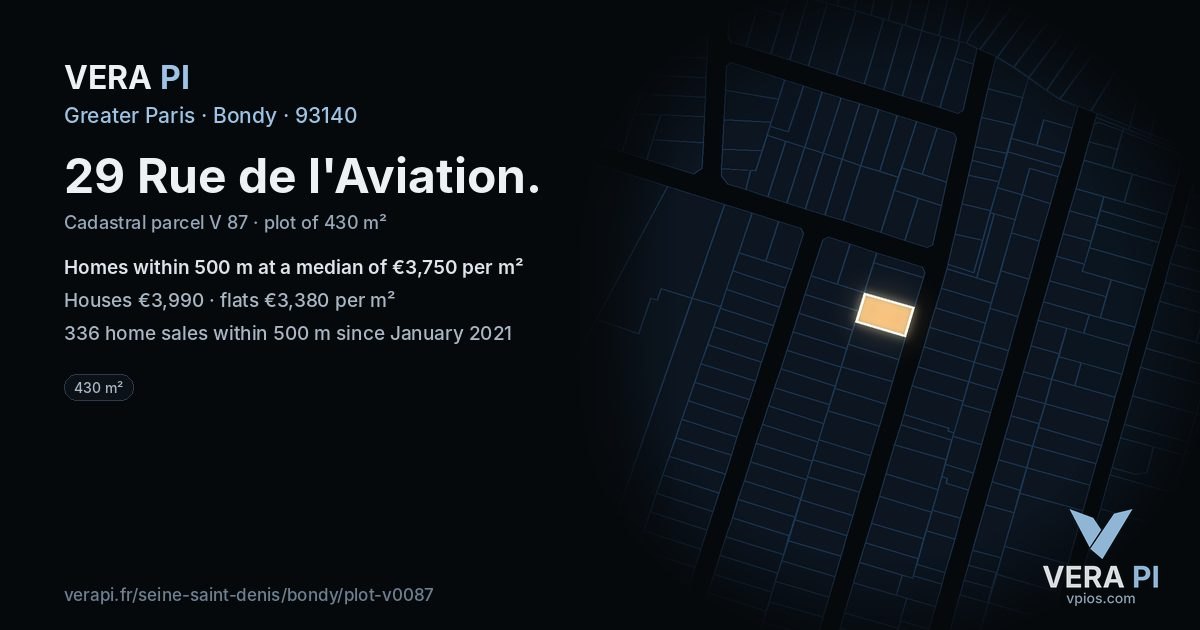 29 Rue de l'Aviation, Bondy at night – the plot lit, the parcels around coloured by the prices near them
