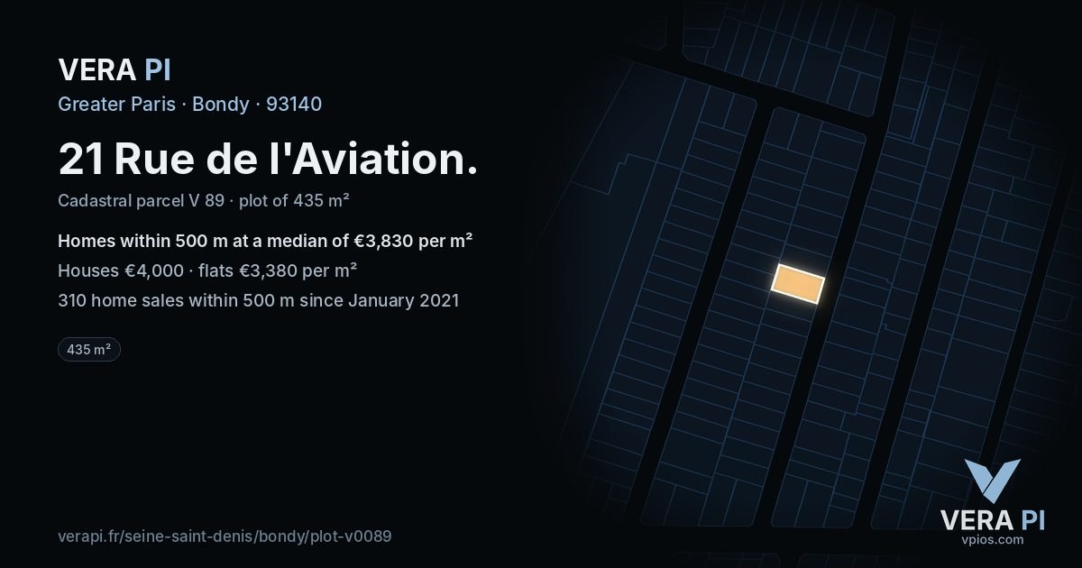 21 Rue de l'Aviation, Bondy at night – the plot lit, the parcels around coloured by the prices near them