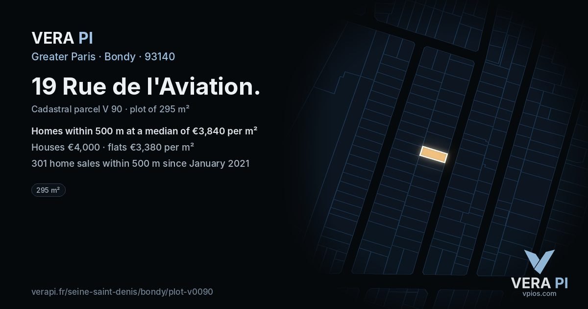 19 Rue de l'Aviation, Bondy at night – the plot lit, the parcels around coloured by the prices near them