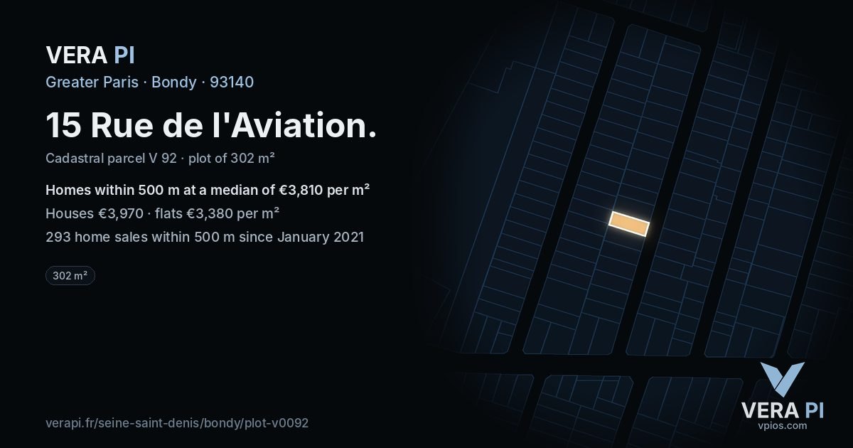 15 Rue de l'Aviation, Bondy at night – the plot lit, the parcels around coloured by the prices near them